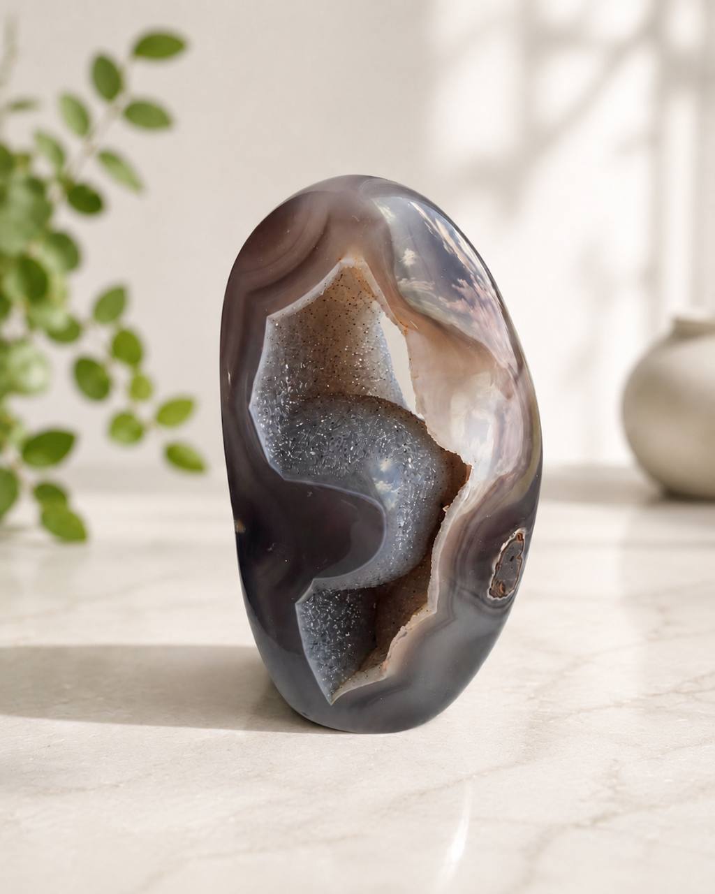 Grey and Brown Agate Freeform with Druzy Quartz Geode