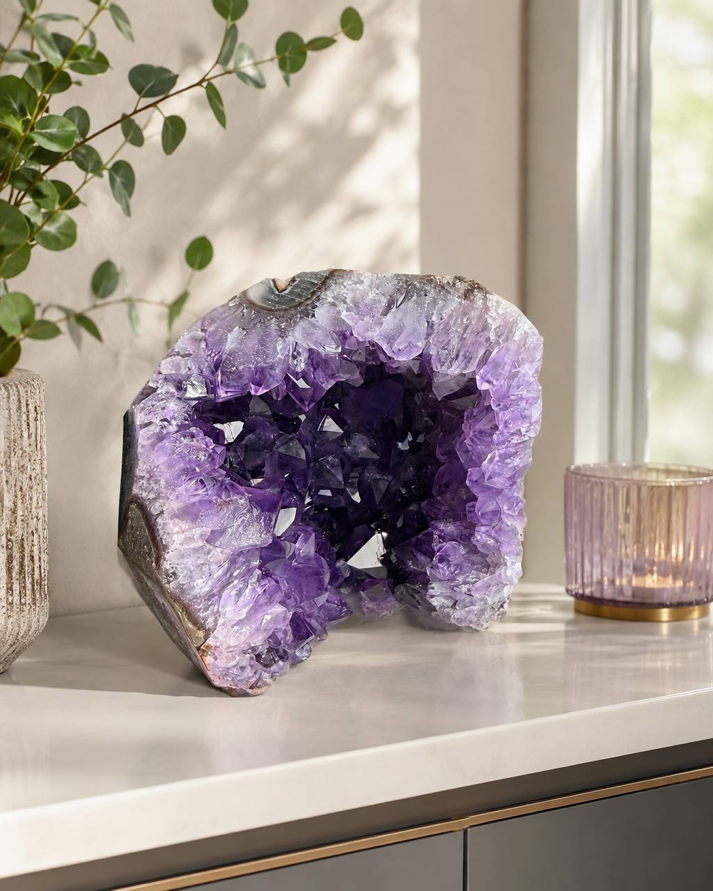 Uruguay Amethyst Geode Cave, lifestyle view on countertop