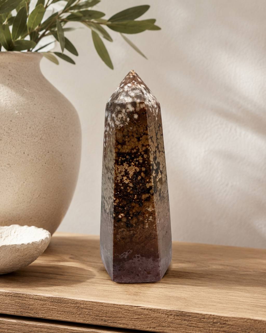 Ocean Jasper Tower lifestyle view on wooden shelf