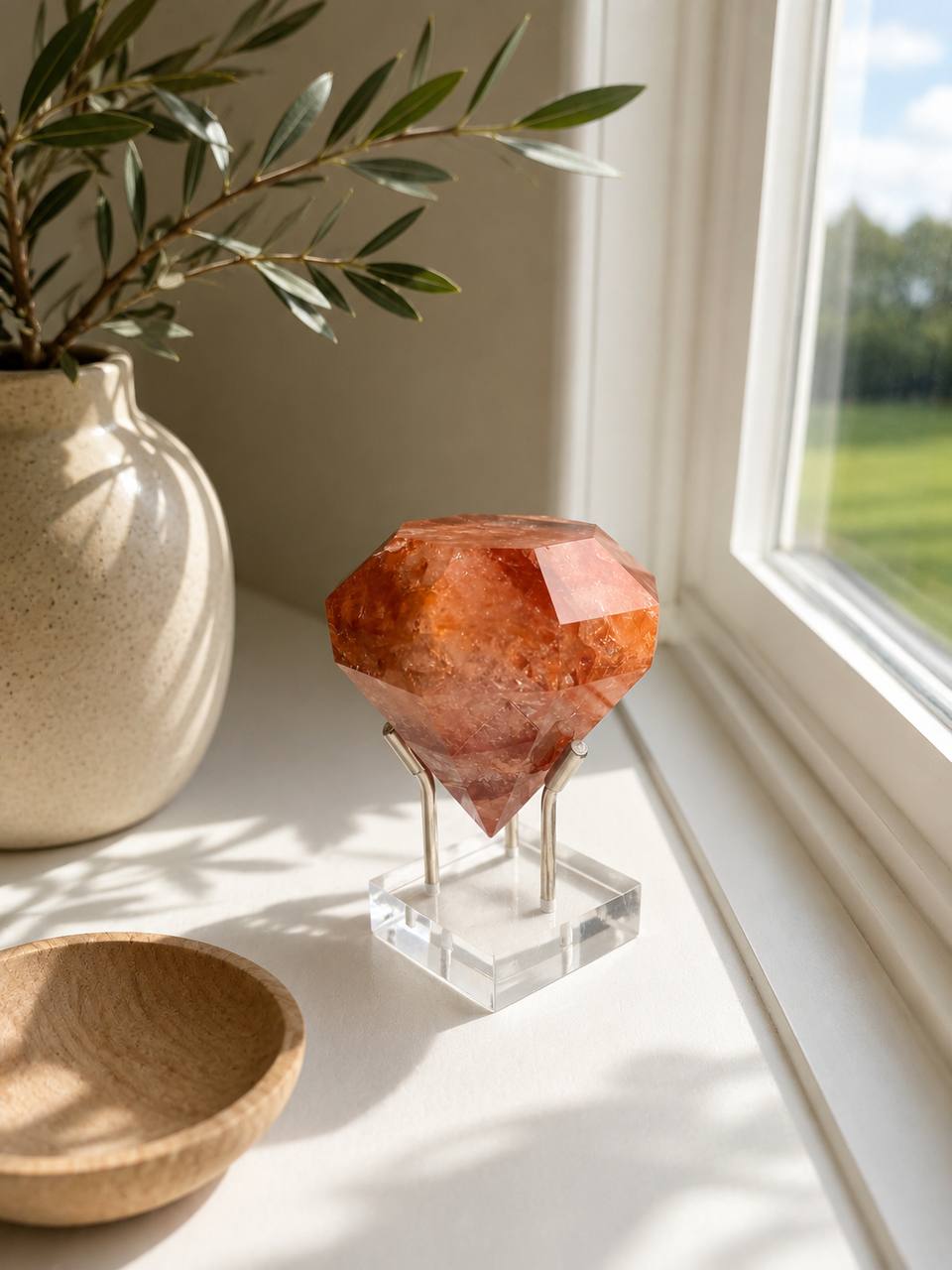 Fire Quartz Faceted Gem with Stand
