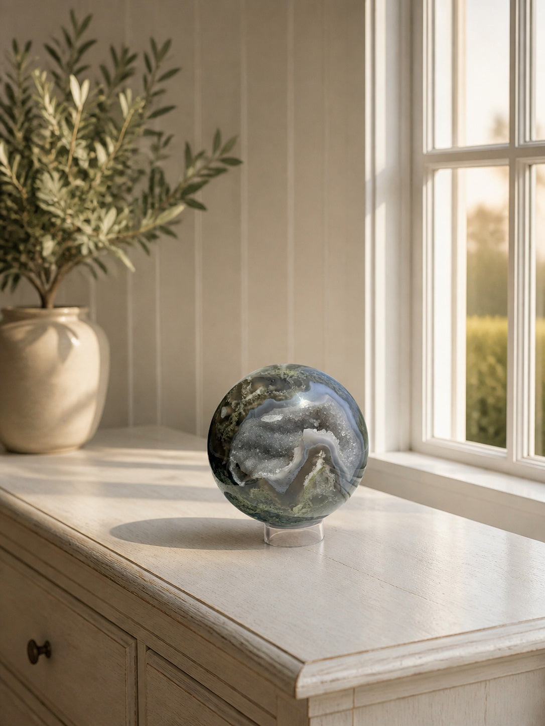 Moss agate sphere with druzy geode pocket in a sunlit coastal room