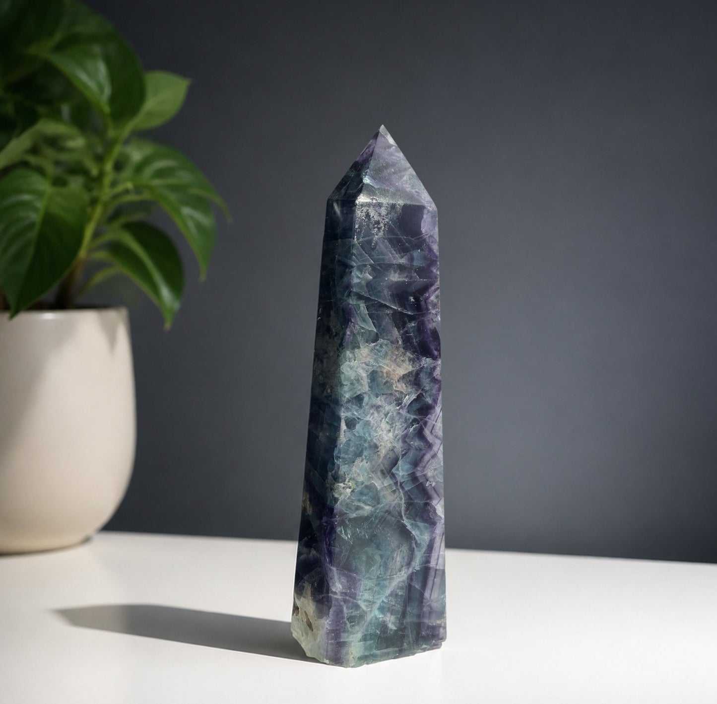Rainbow fluorite tower on a white shelf against dark slate, leafy plant alongside