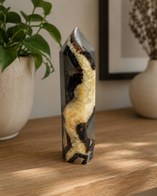 Septarian Dragon Stone Tower, lifestyle view on wood surface