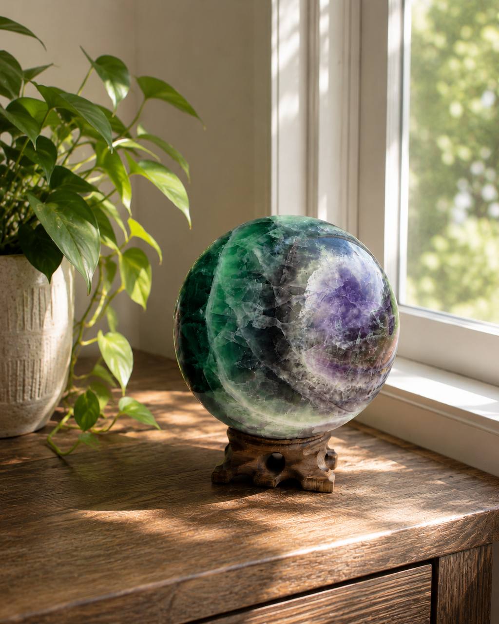 Large Rainbow Fluorite Sphere with Wooden Stand