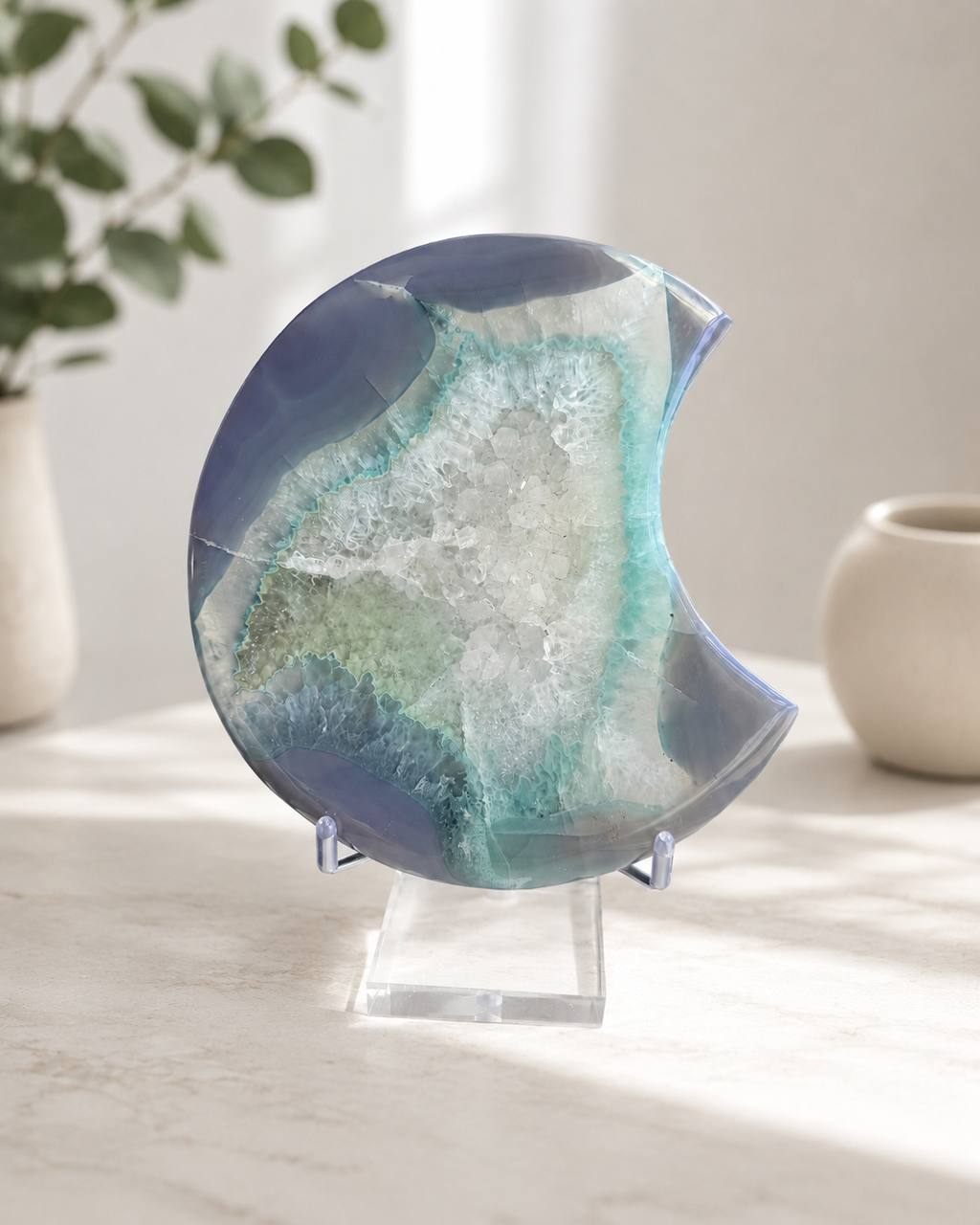 Blue Agate Crescent Moon with Druzy Quartz Center