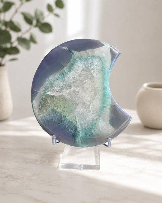 Blue Agate Crescent Moon with Druzy Quartz Center