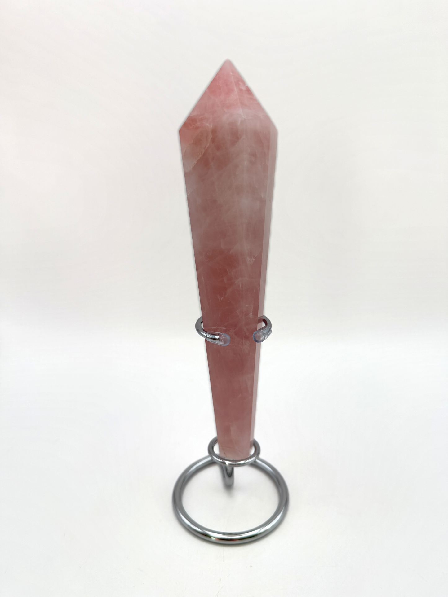 Rose Quartz Wand with Stand — Faceted Pink Quartz Point, 7.5 Inch Polished Crystal Wand