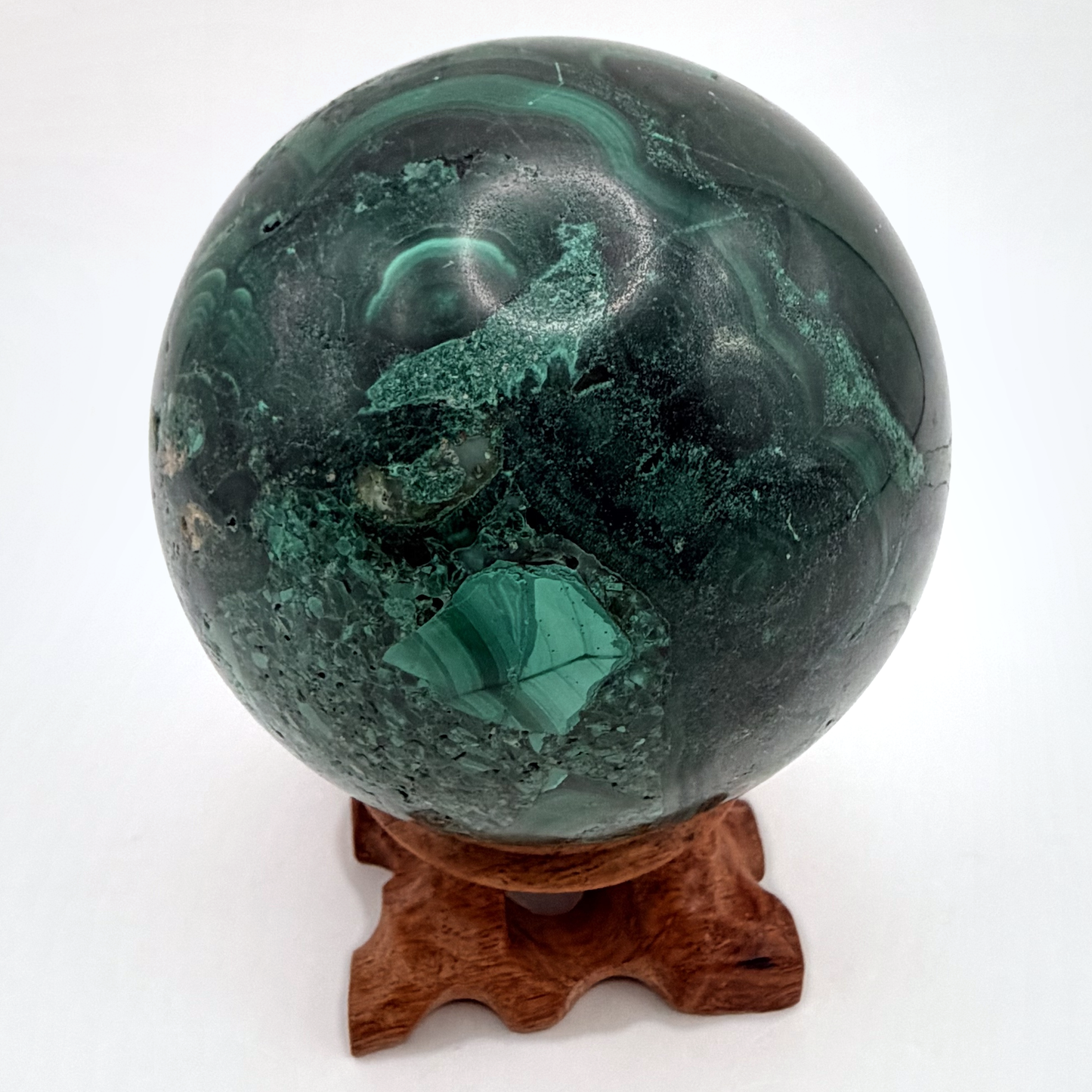 Malachite Sphere with Carved Wood Stand — Genuine Banded Green Malachite Crystal Ball, 2.9 Inches, 1.7 lb