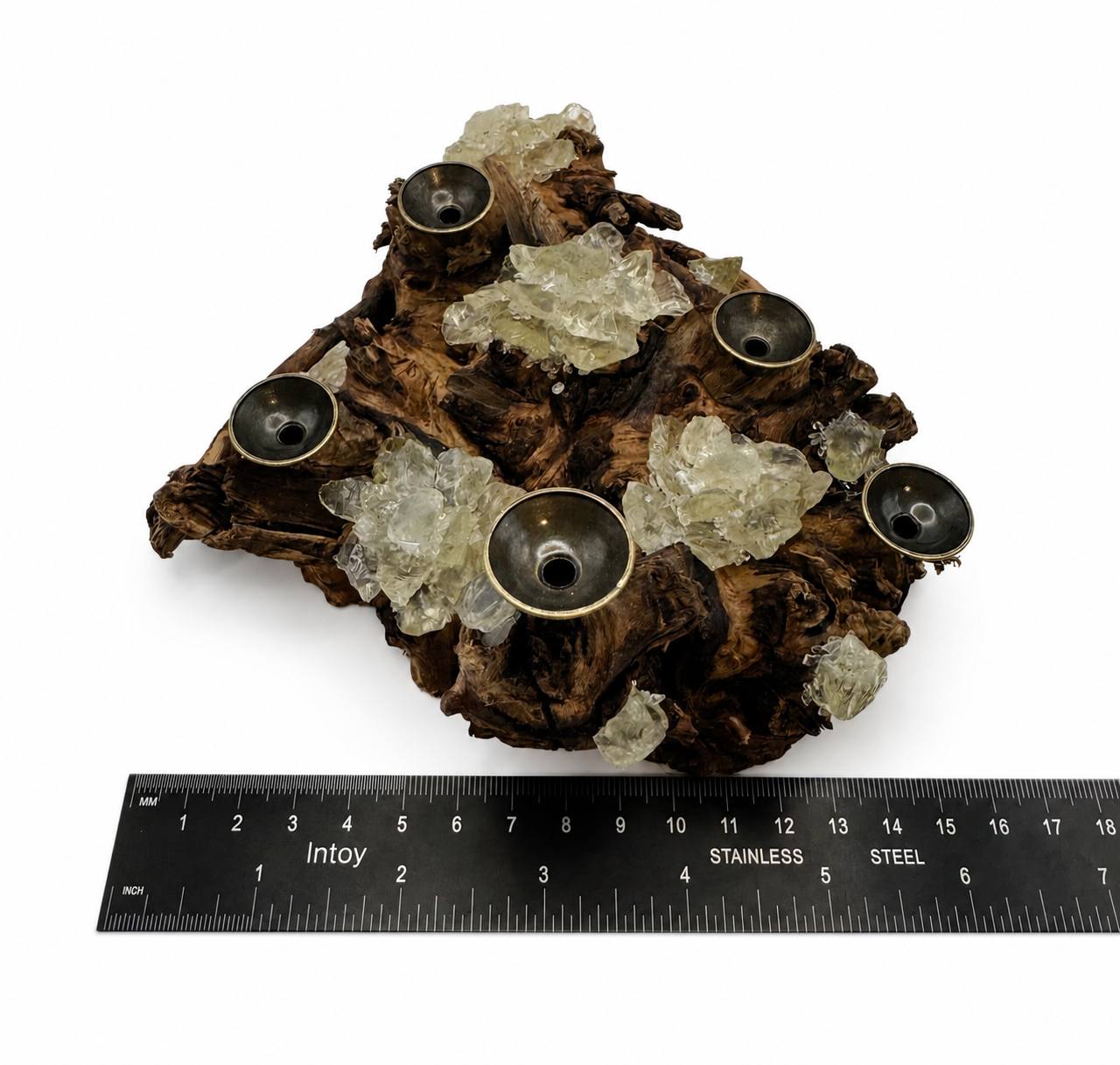 Yellow Fluorite Crystal Sphere Display | Natural Driftwood Base | 5 Brass Holders