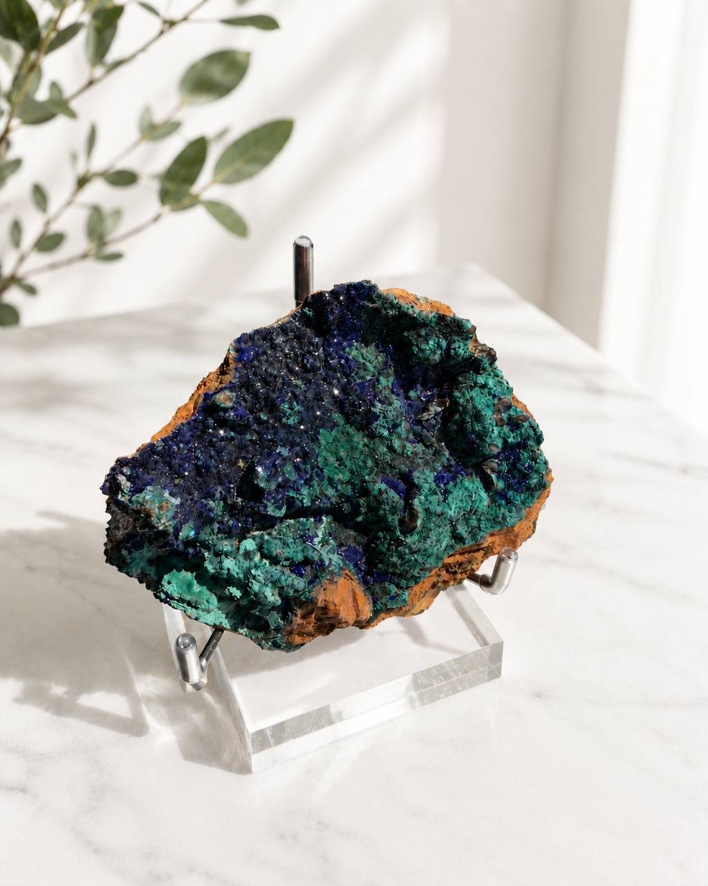 Azurite malachite specimen, royal blue and green copper minerals on custom pin stand