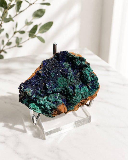 Azurite malachite specimen, royal blue and green copper minerals on custom pin stand
