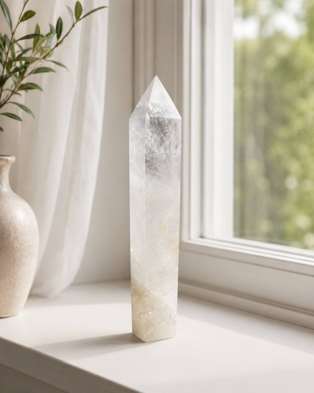 Clear quartz tower, 8.5 inch crystal obelisk with milky base