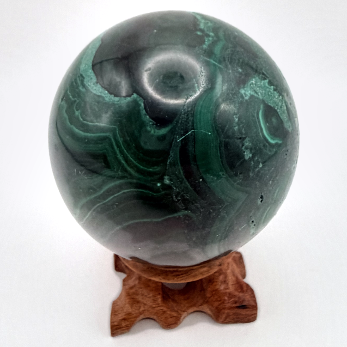 Malachite Sphere with Carved Wood Stand — Genuine Banded Green Malachite Crystal Ball, 2.9 Inches, 1.7 lb