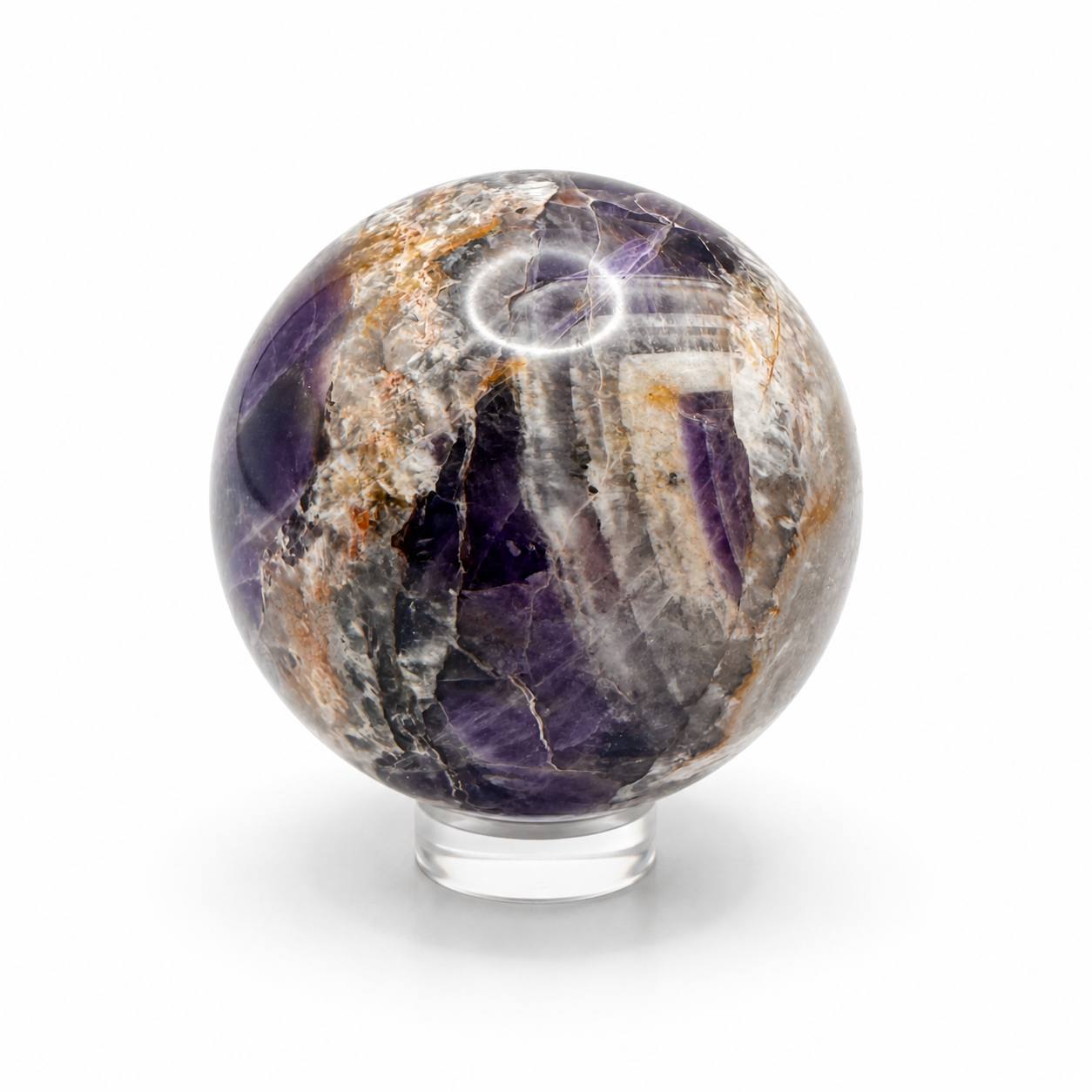 Chevron Amethyst Sphere with Stand. Polished Dream Amethyst Crystal Ball, 2 Inch, 1 lb 5 oz