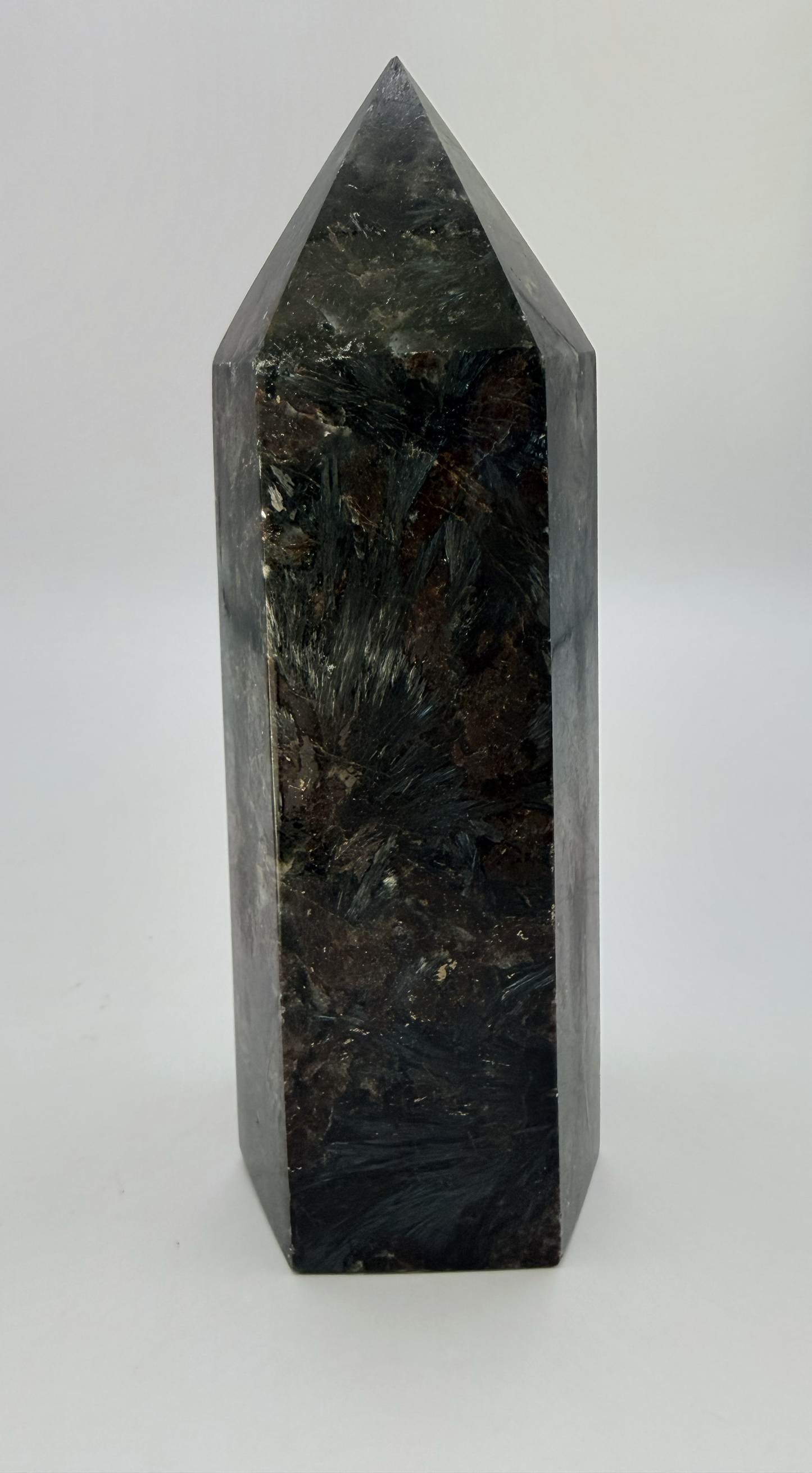 Arfvedsonite Tower with Garnet, Firework Stone Obelisk with Silver Blue Flash, 1.7 Pound Polished Cr