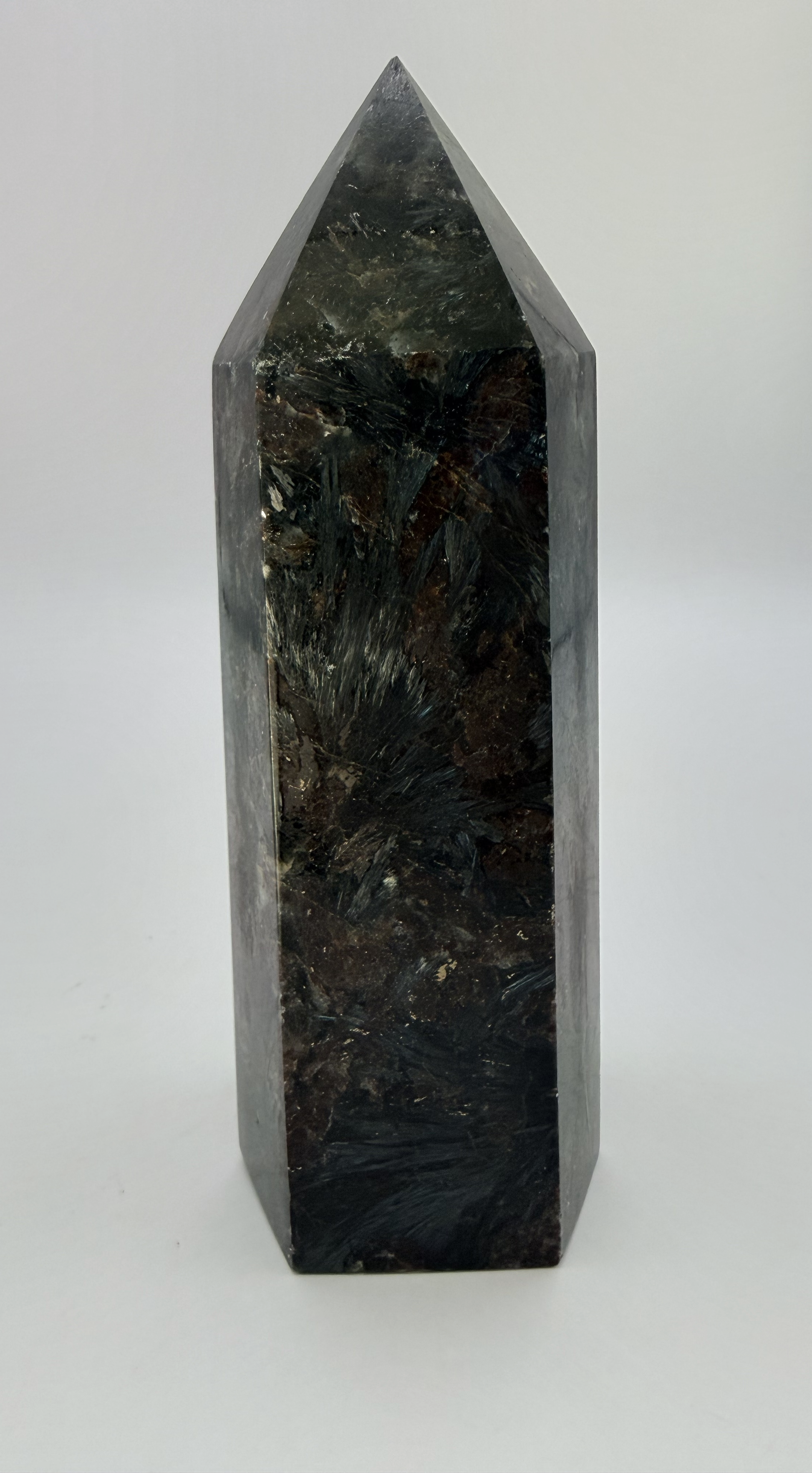 Arfvedsonite Tower with Garnet, Firework Stone Obelisk with Silver Blue Flash, 1.7 Pound Polished Cr