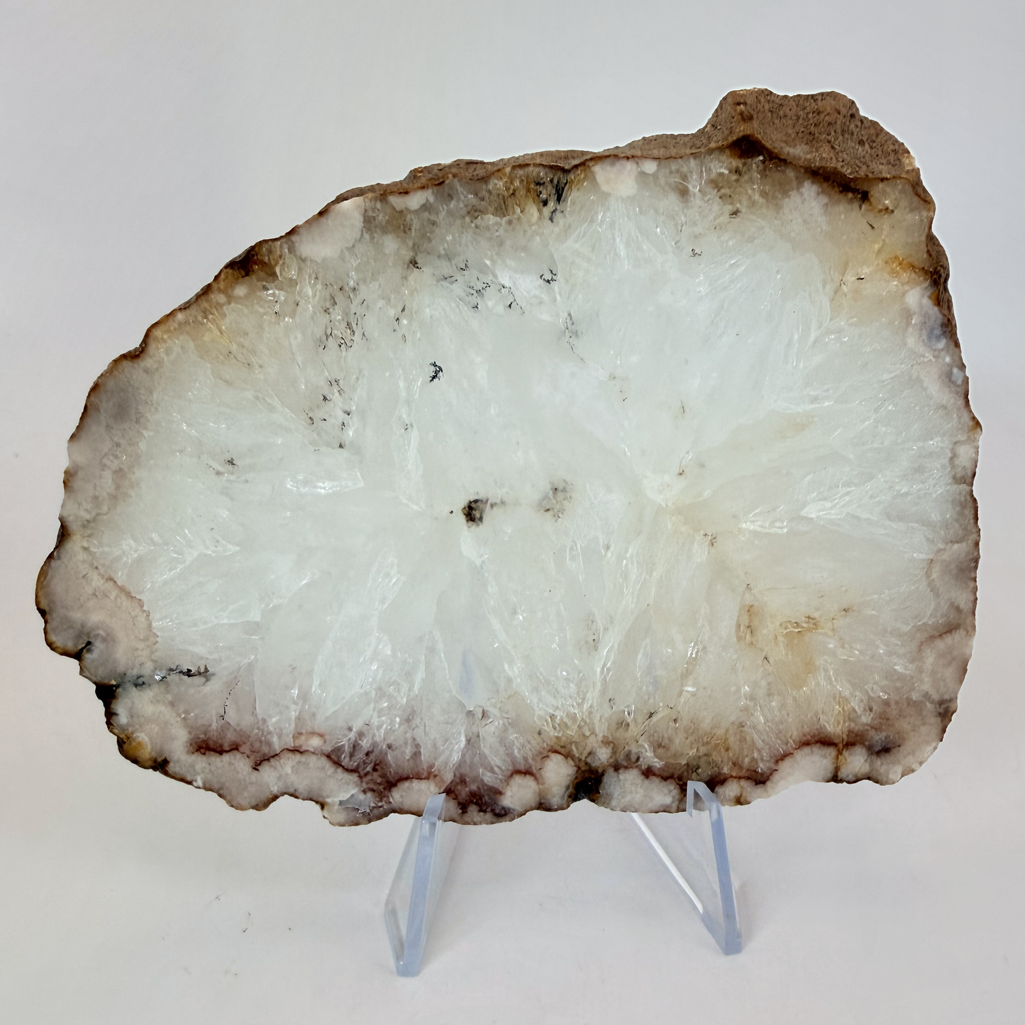 White Quartz Geode Slice with Druzy Rim, 5 Inch Polished Agate Slab on Stand, Radiating Crystal Cent