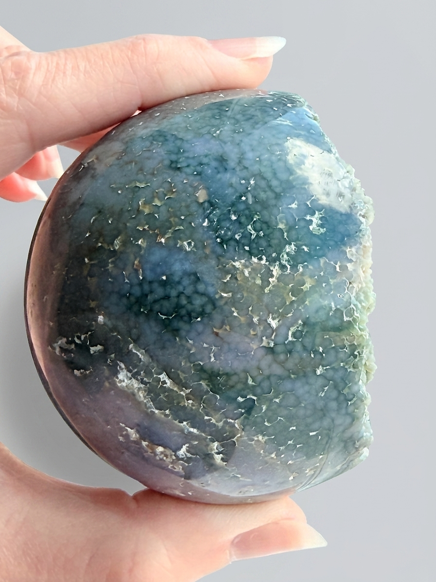 Ocean jasper sphere with raw druzy pocket, green orbicular crystal ball