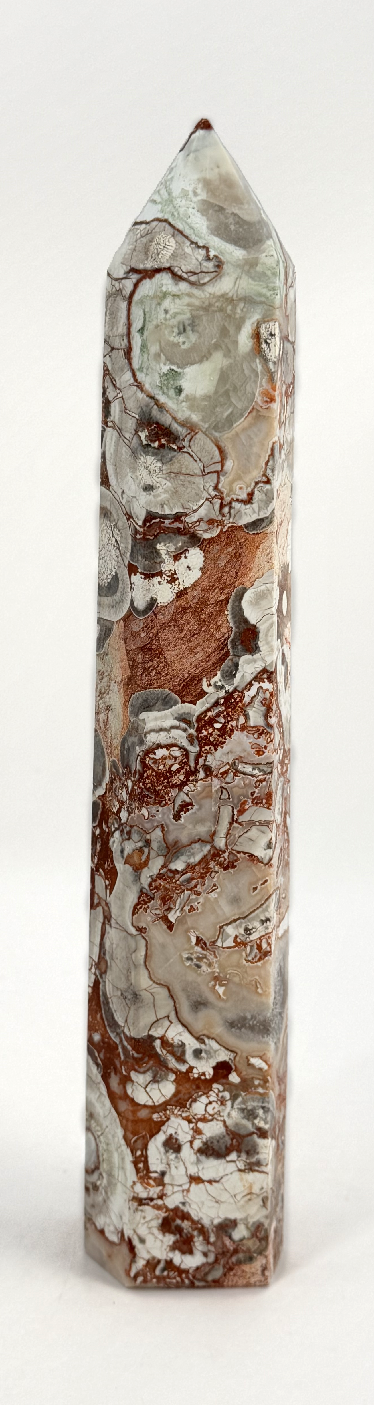 Money Agate Tower, Red and Cream Brecciated Agate Crystal Point, 9 Inch Polished Obelisk with Orbicular Eyes