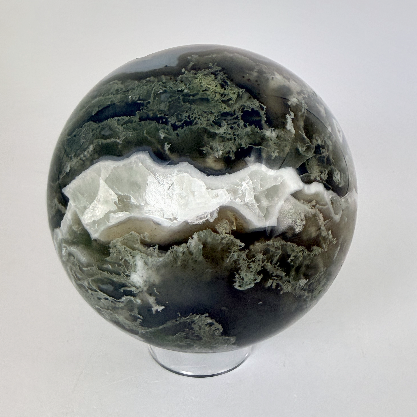 Moss Agate Sphere with Druzy Geode Pocket, 3.3 Inch Polished Crystal Ball with Green Moss Inclusions and Sparkling Quartz Cave