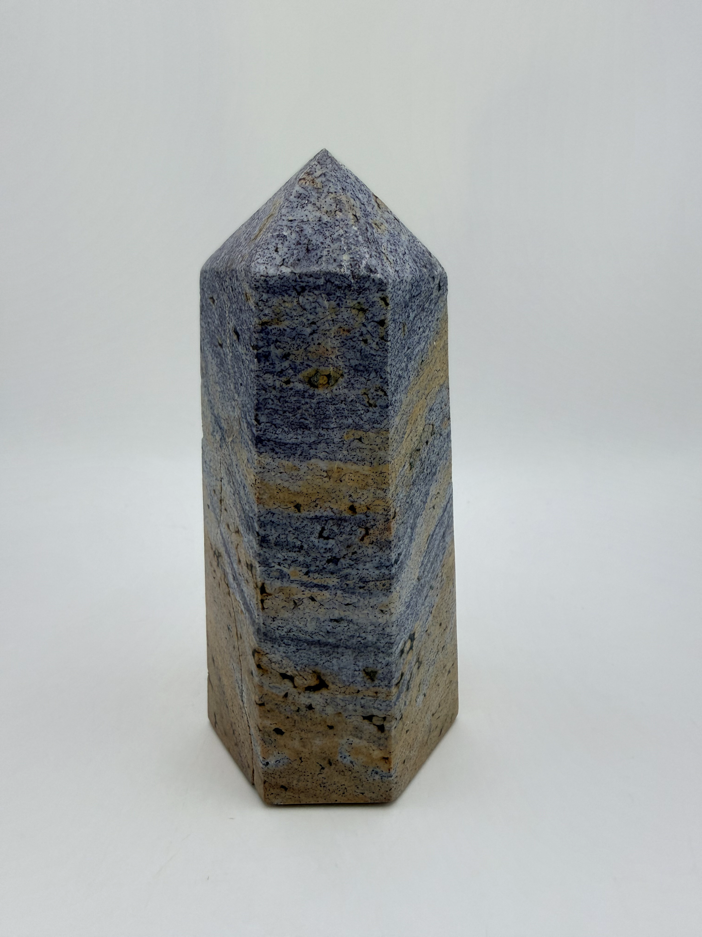 Blue and Tan Banded Jasper Tower, 6 Inch Polished Stone Obelisk in Sand and Soft Blue, 2 Pound State