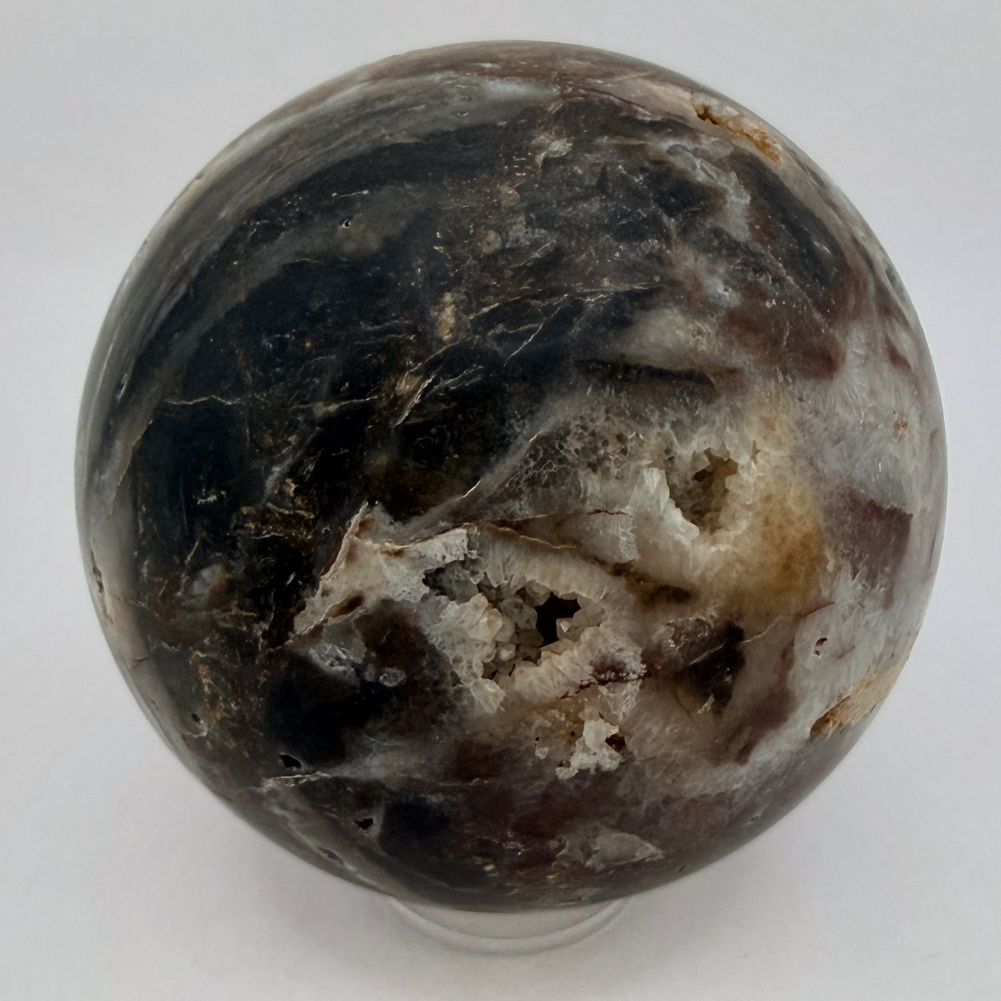 Chocolate Agate Geode Sphere with Two Druzy Caves, 3 Inch Polished Banded Crystal Ball, Sparkling Na