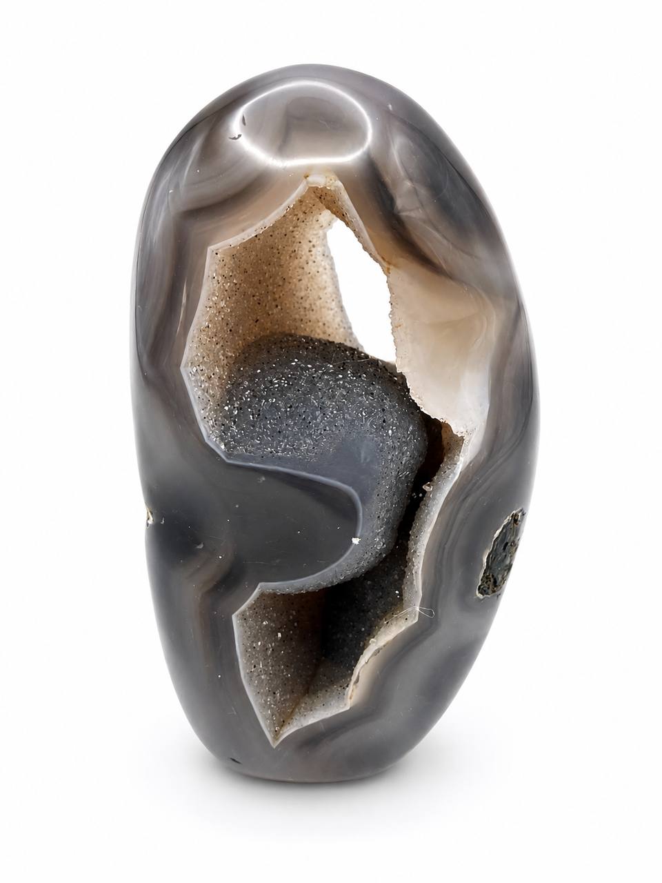 Grey and Brown Agate Freeform with Druzy Quartz Geode