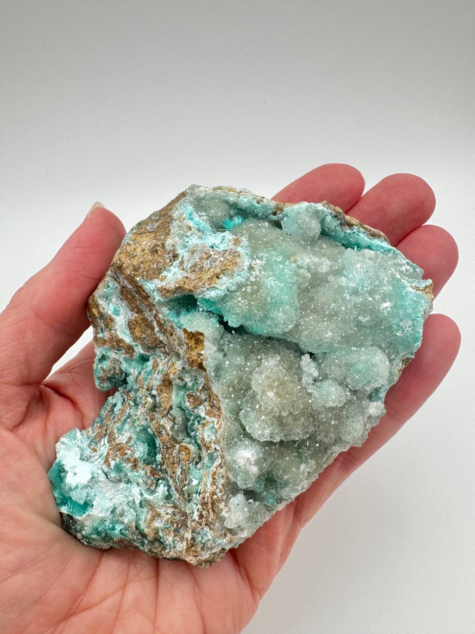 Raw Hemimorphite Crystal Specimen on Matrix. Natural Teal and White Druzy Mineral, 3 x 4 Inch, 9.5 oz