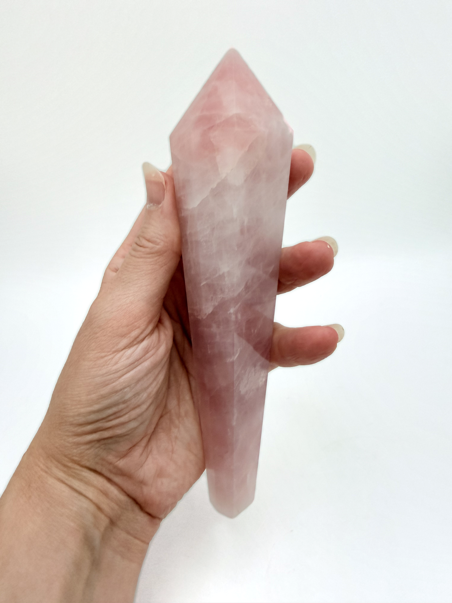 Rose Quartz Wand with Stand — Faceted Pink Quartz Point, 7.5 Inch Polished Crystal Wand
