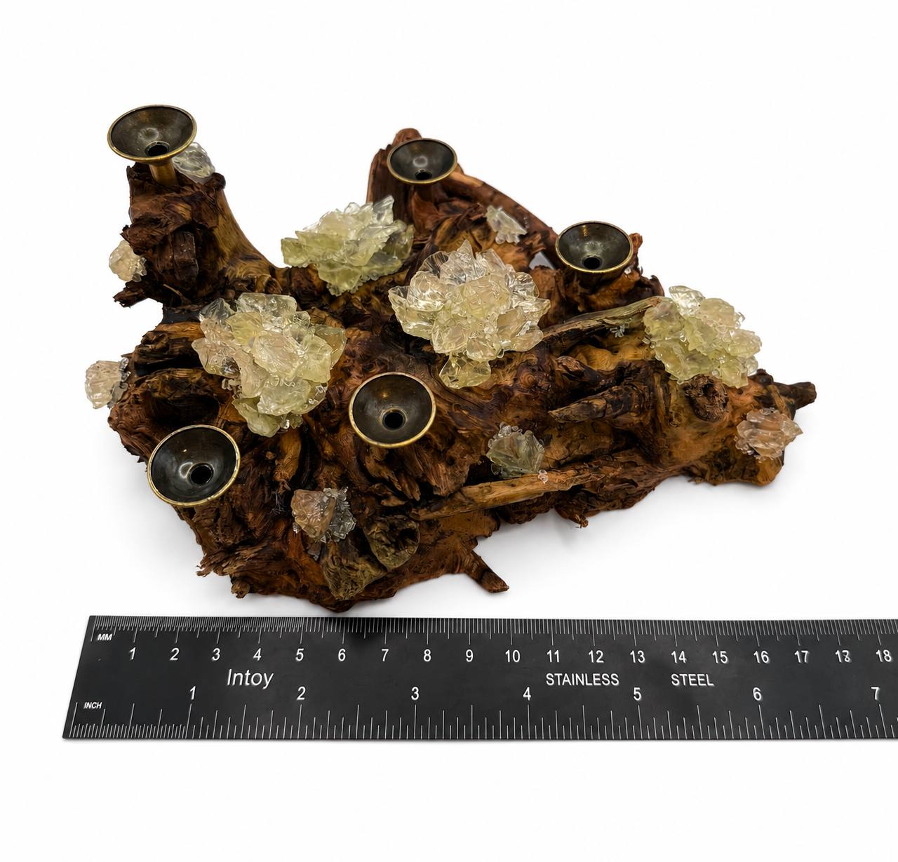 Yellow Fluorite Crystal Sphere Display | Natural Driftwood Base | 5 Brass Holders
