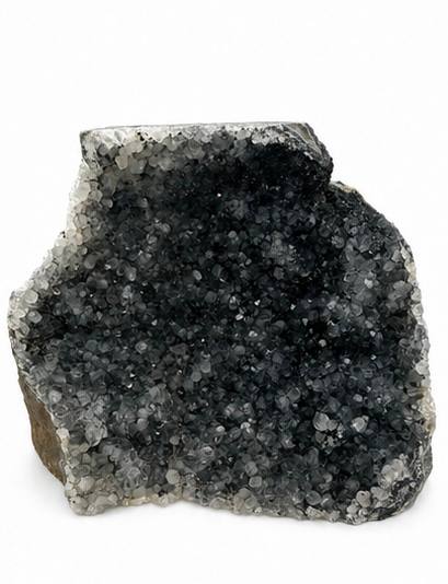 Black amethyst druzy cluster, self standing, charcoal grey crystals with white rim