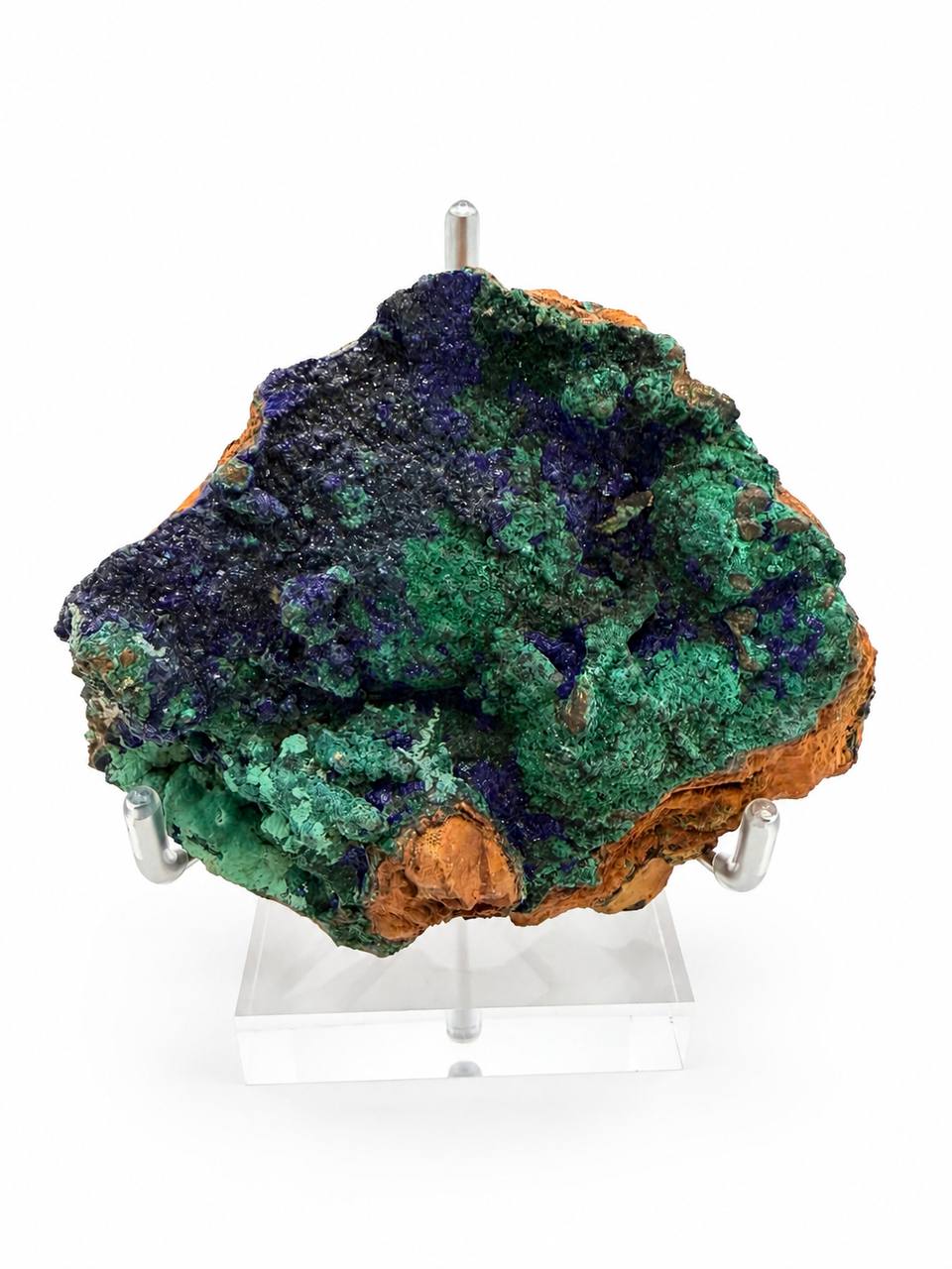 Azurite malachite specimen, royal blue and green copper minerals on custom pin stand
