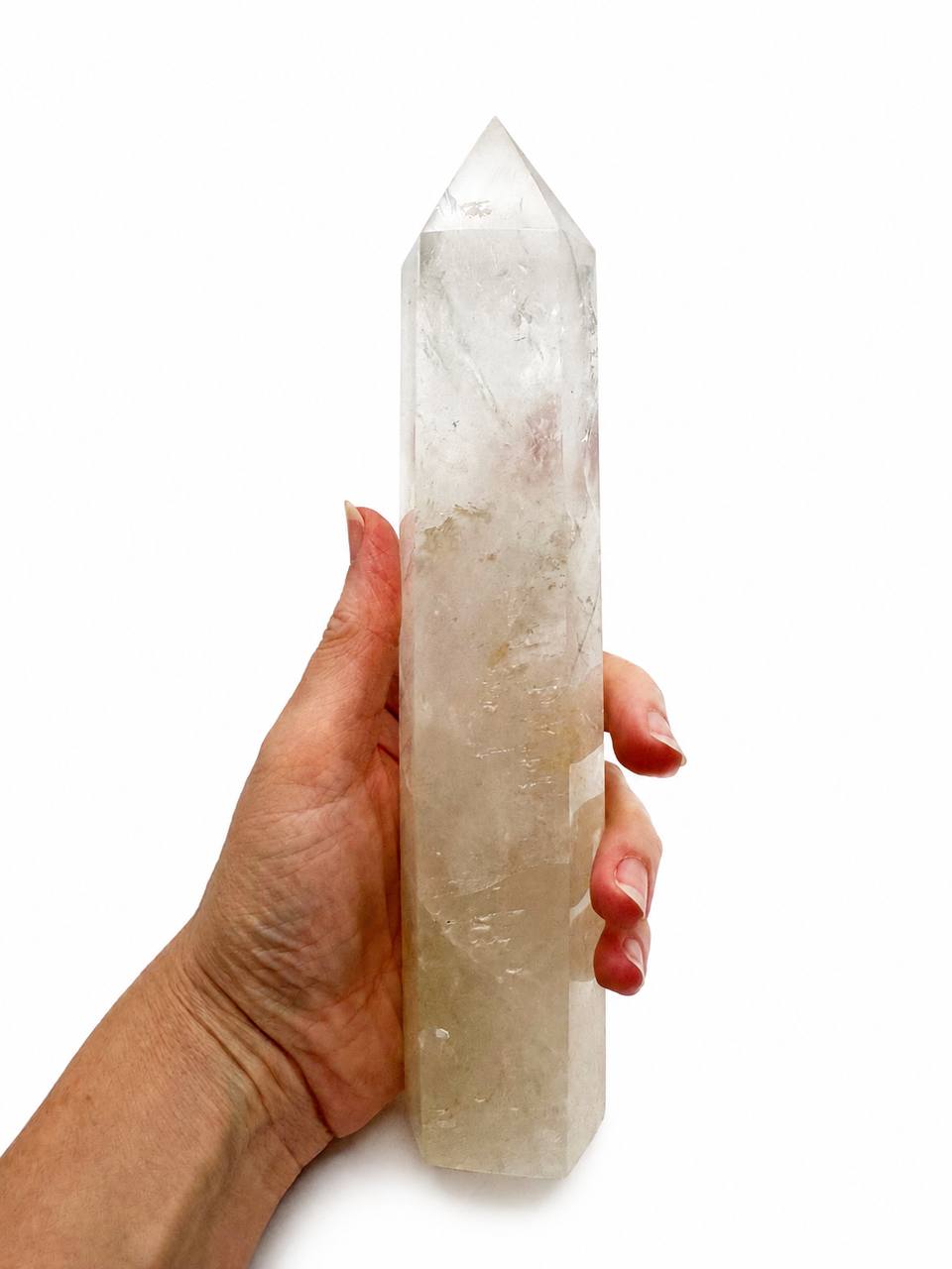 Clear quartz tower, 8.5 inch crystal obelisk with milky base