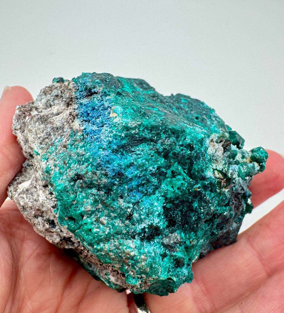 Dioptase crystal specimen left angle showing azurite