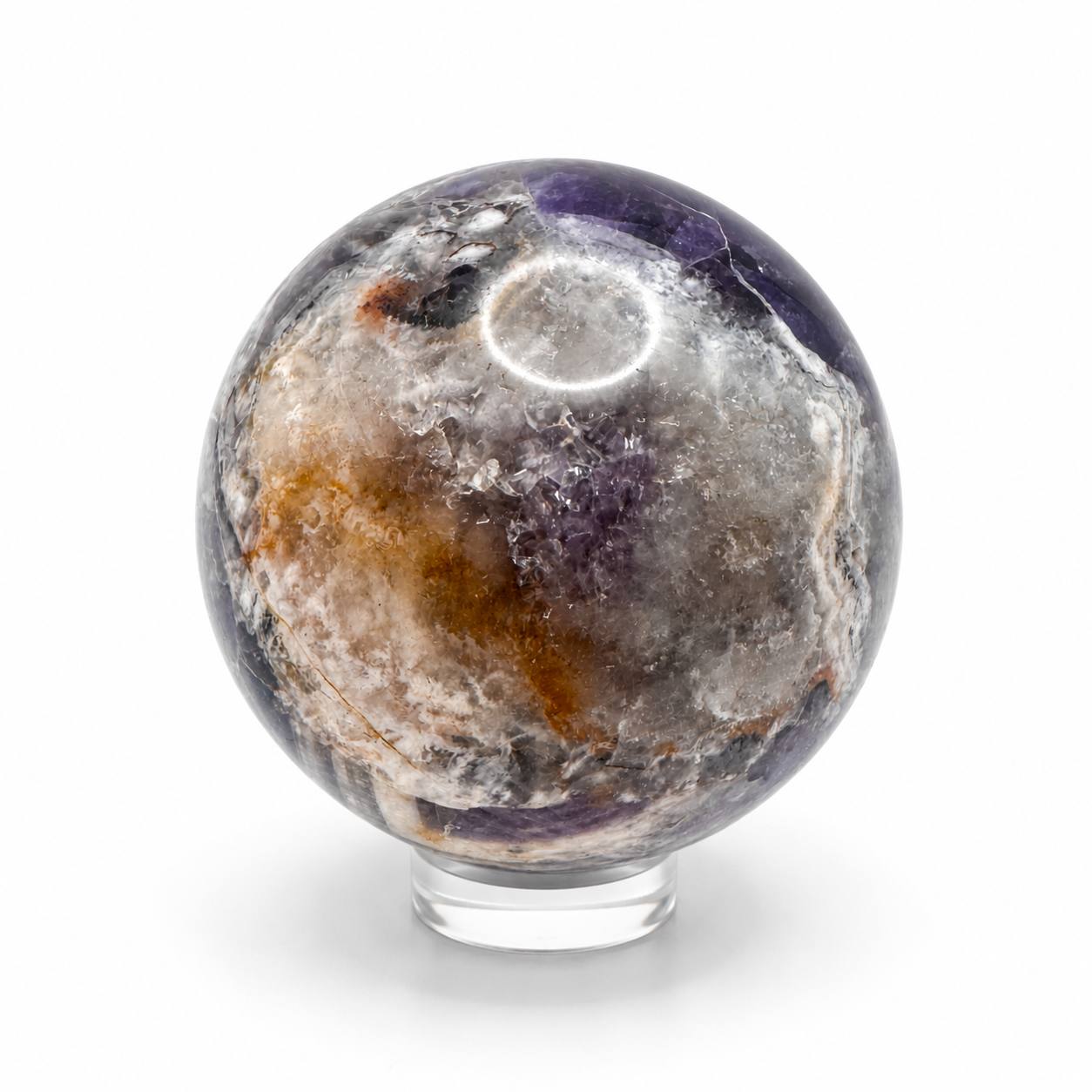 Chevron Amethyst Sphere with Stand. Polished Dream Amethyst Crystal Ball, 2 Inch, 1 lb 5 oz