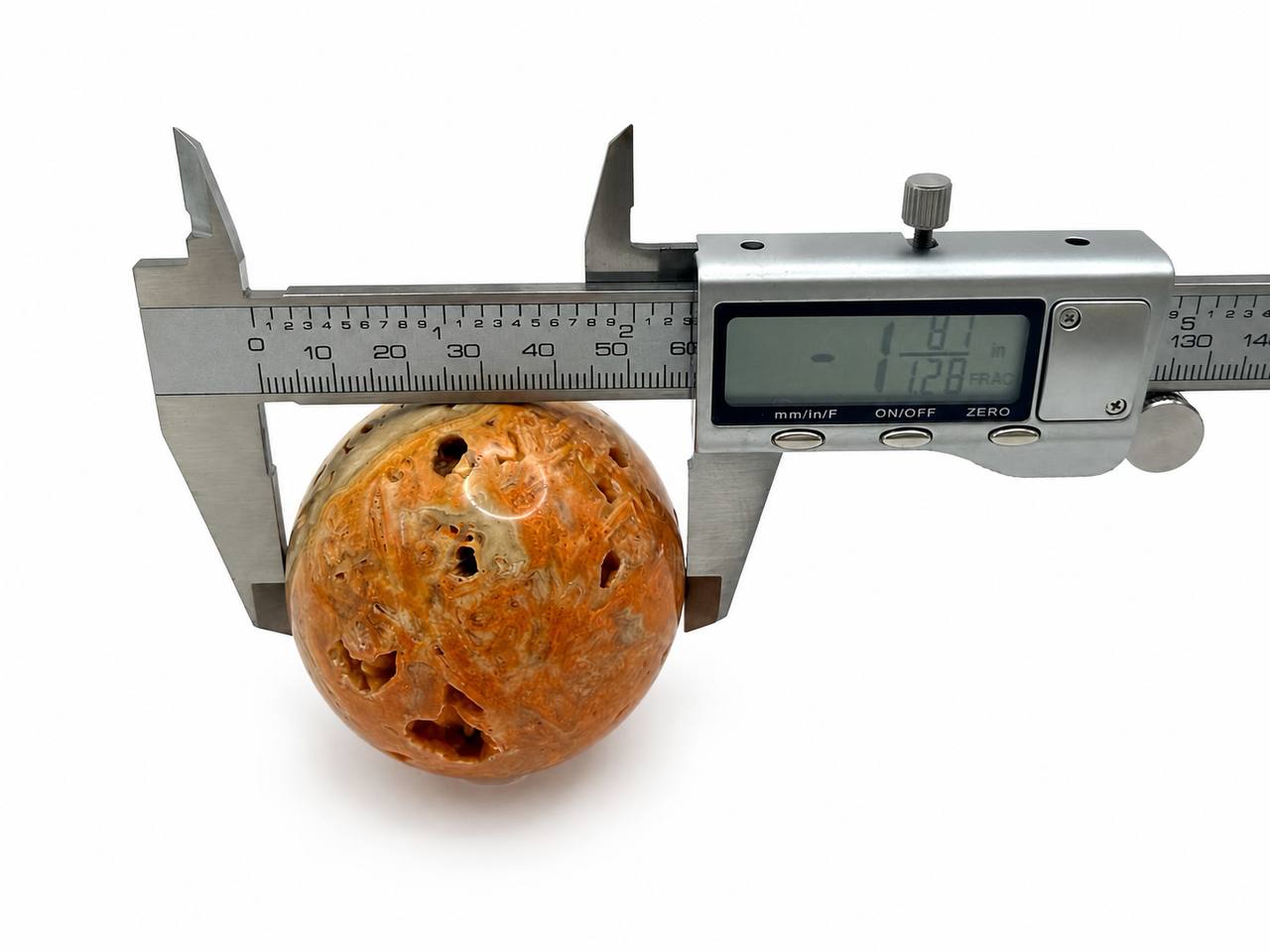 Lace Agate Crystal Sphere, caliper measurement 1.87 inches