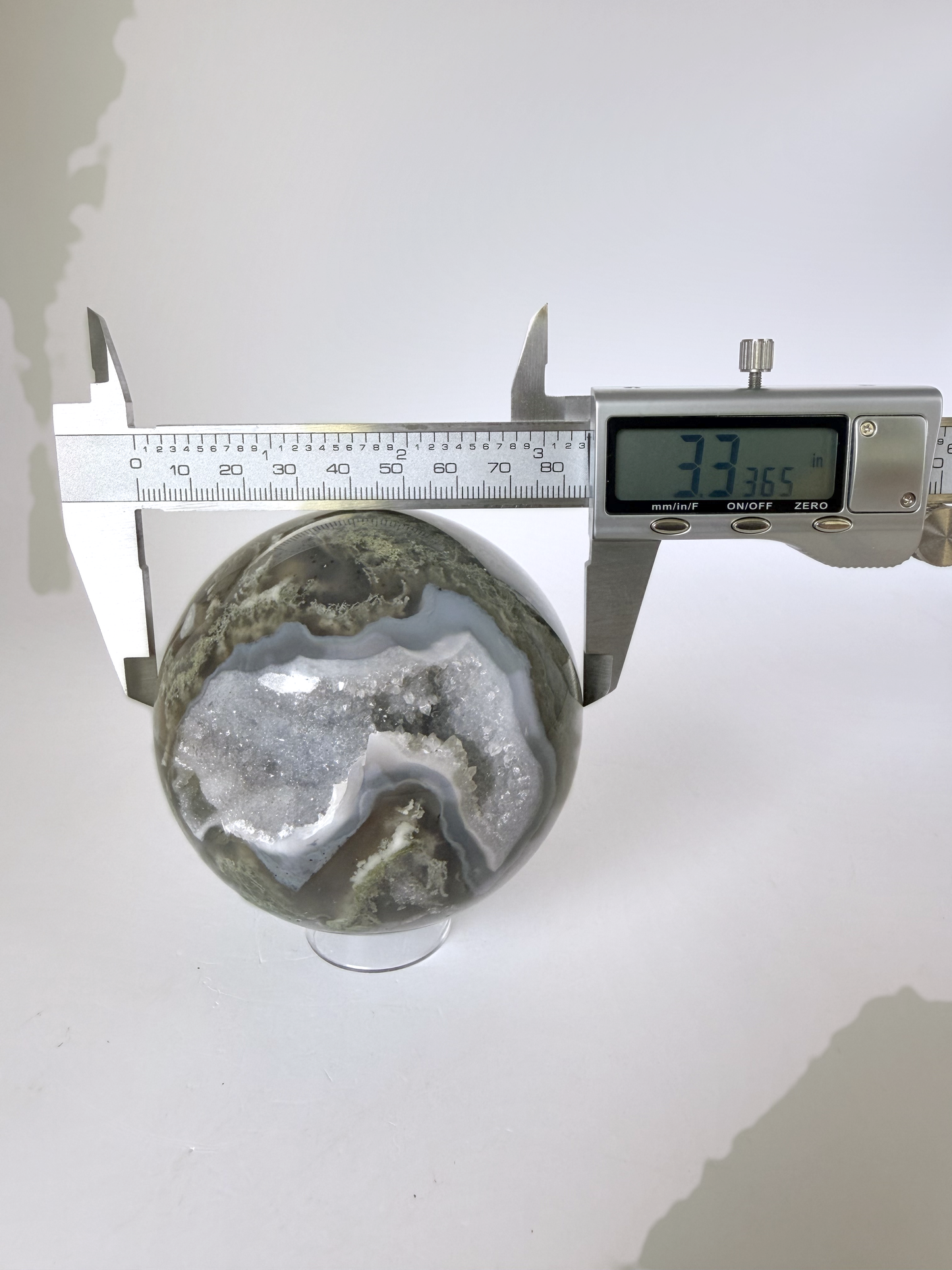 Moss Agate Sphere with Druzy Geode Pocket, 3.3 Inch Polished Crystal Ball with Green Moss Inclusions and Sparkling Quartz Cave