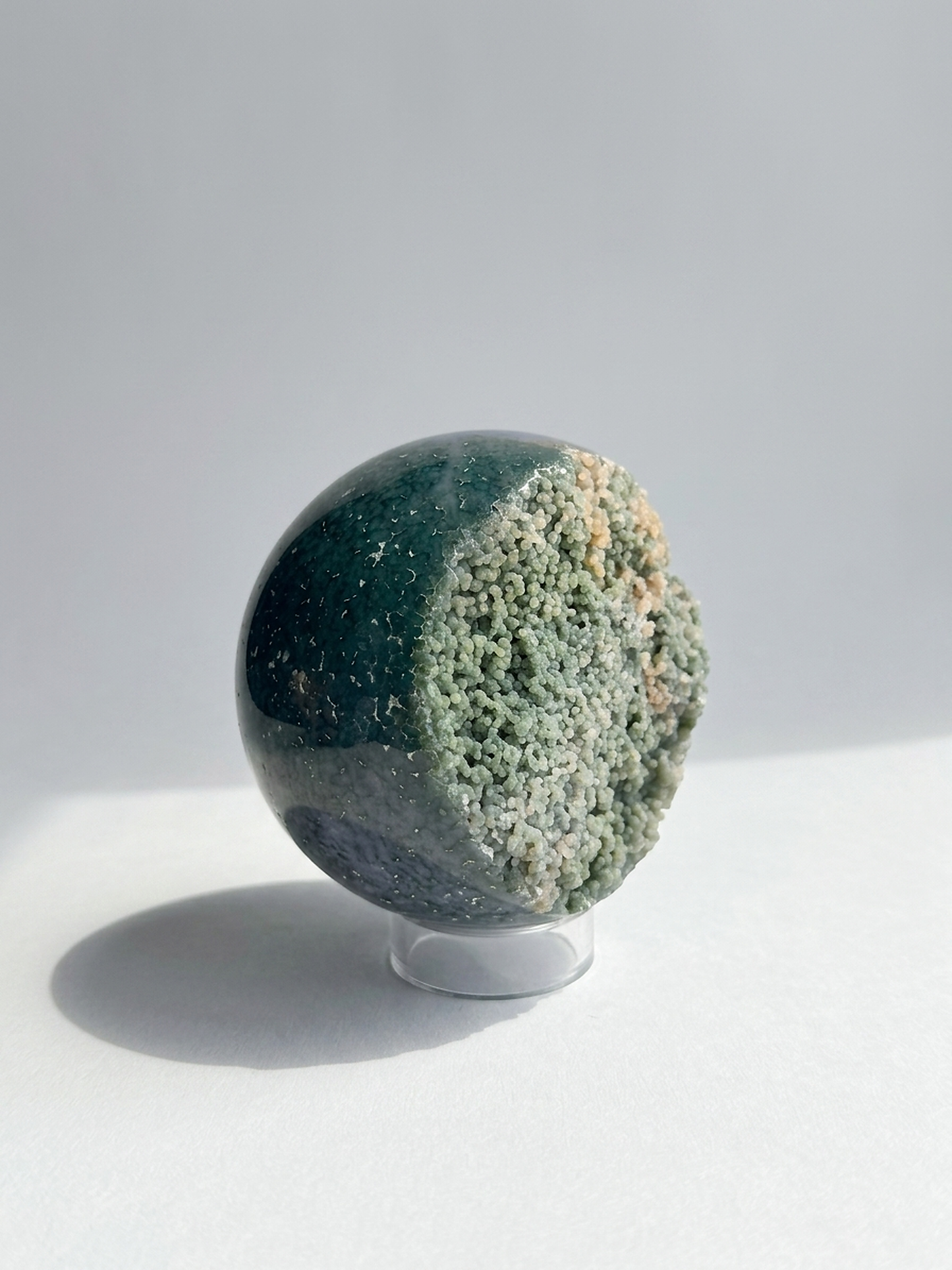 Ocean jasper sphere with raw druzy pocket, green orbicular crystal ball