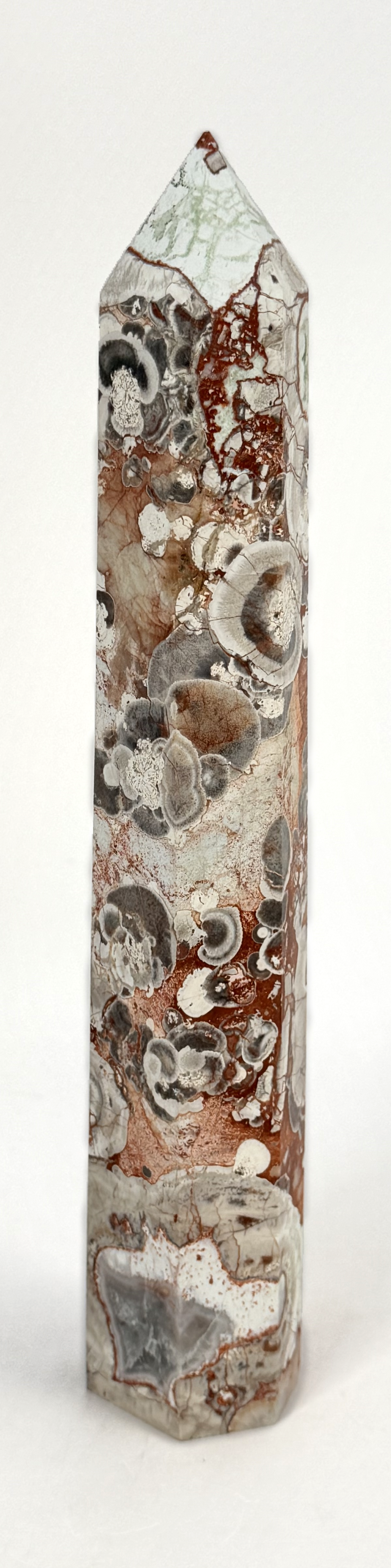 Money Agate Tower, Red and Cream Brecciated Agate Crystal Point, 9 Inch Polished Obelisk with Orbicular Eyes