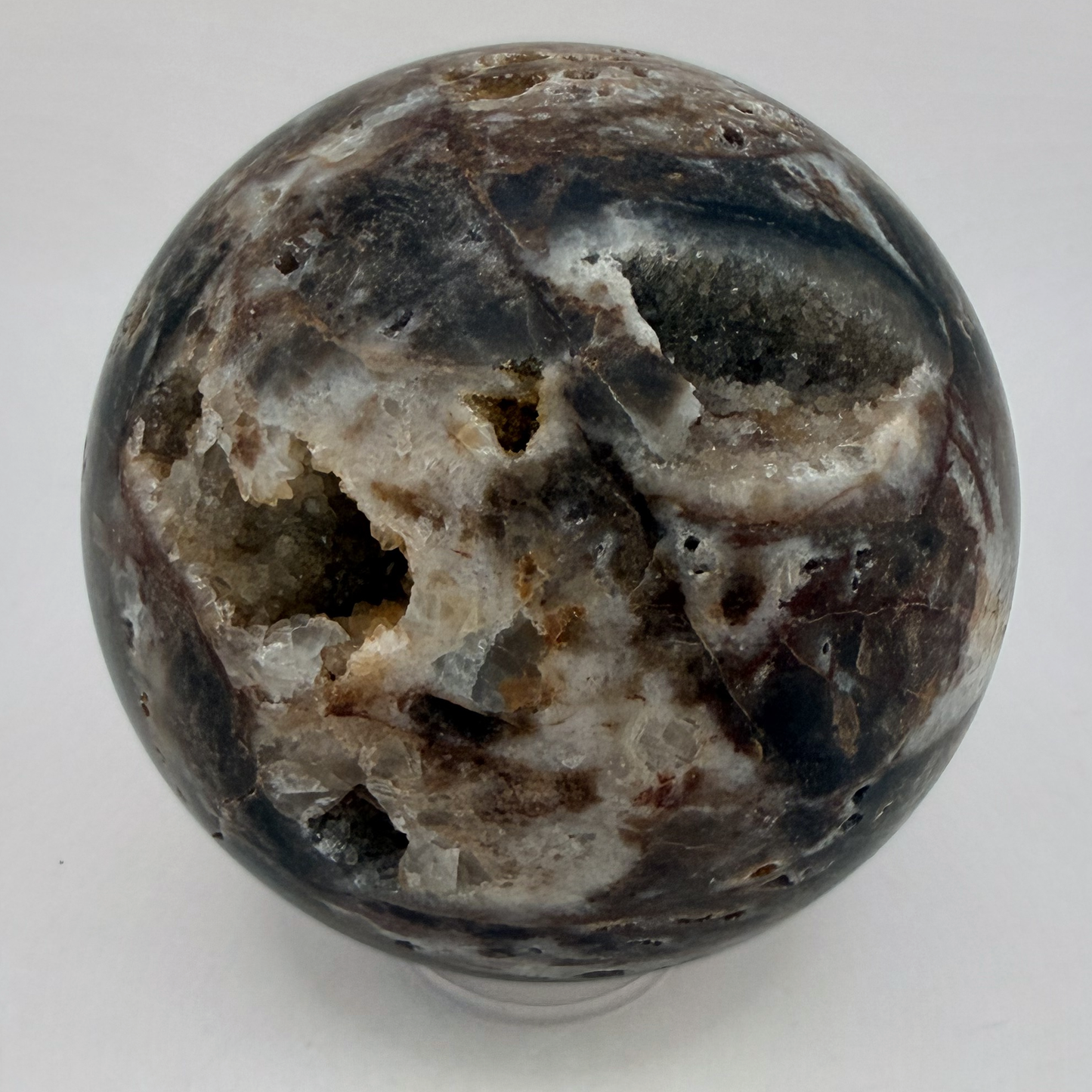 Chocolate Agate Geode Sphere with Two Druzy Caves, 3 Inch Polished Banded Crystal Ball, Sparkling Na