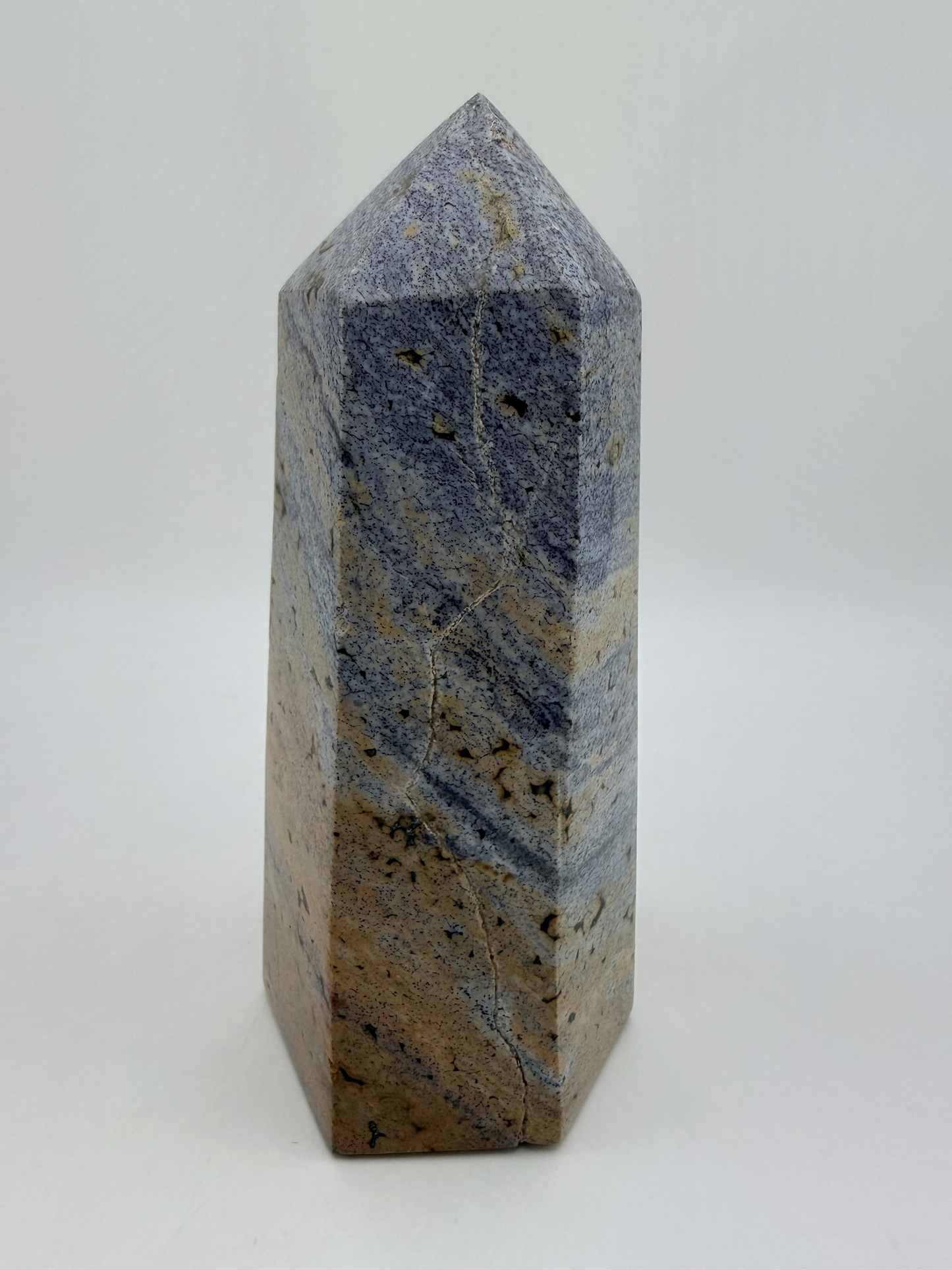 Blue and Tan Banded Jasper Tower, 6 Inch Polished Stone Obelisk in Sand and Soft Blue, 2 Pound State