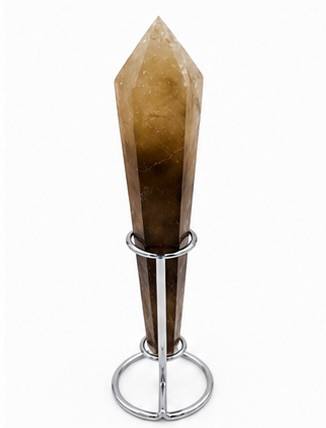 Smoky Quartz Crystal Wand, front view on silver stand