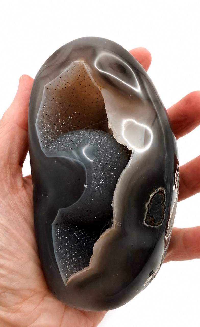 Grey and Brown Agate Freeform with Druzy Quartz Geode
