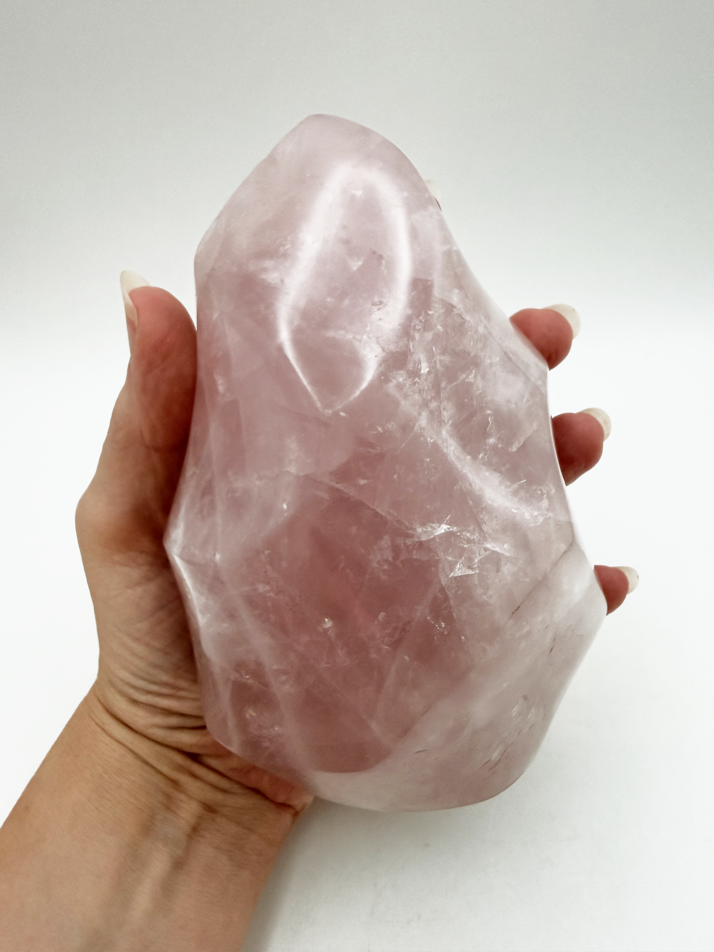 Large rose quartz flame, polished pink quartz freeform