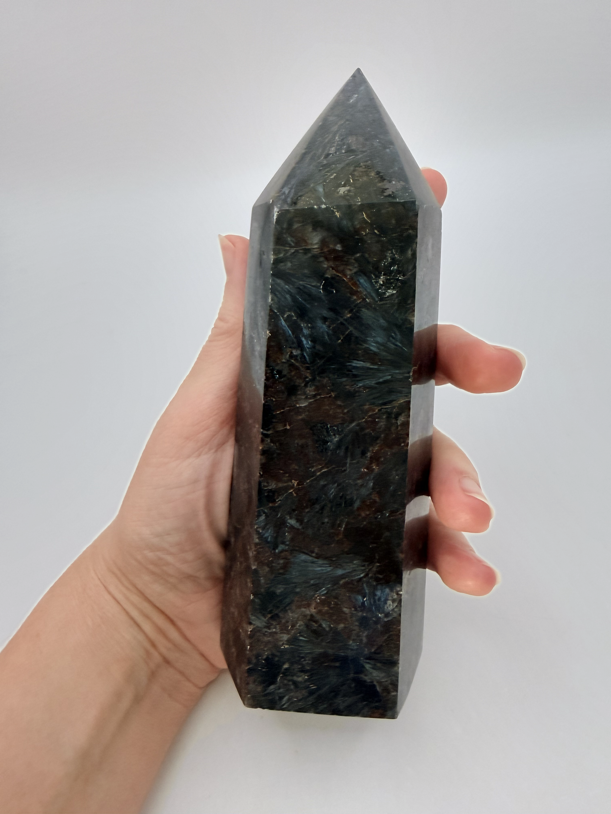 Arfvedsonite Tower with Garnet, Firework Stone Obelisk with Silver Blue Flash, 1.7 Pound Polished Cr