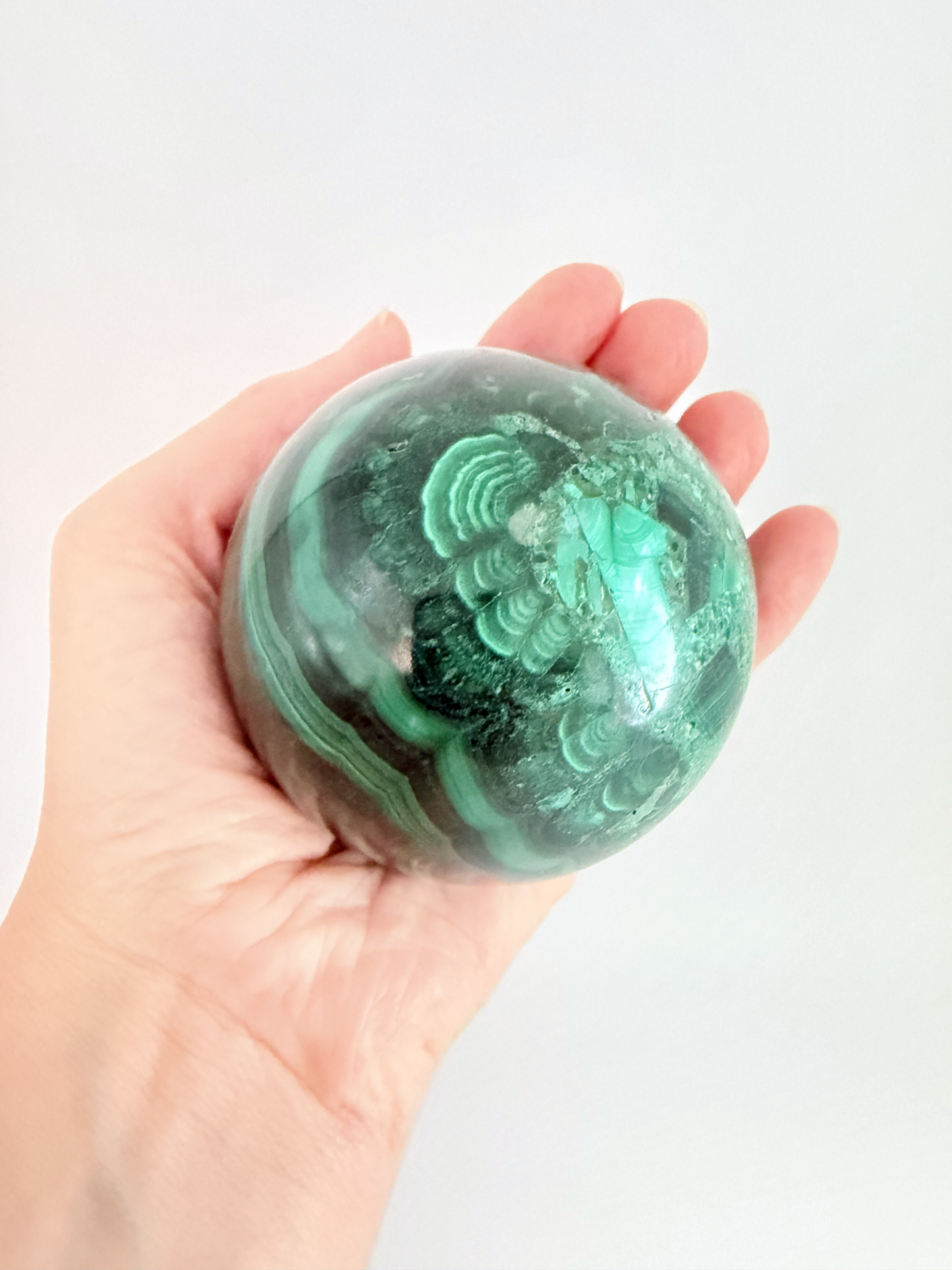 Malachite Sphere with Carved Wood Stand — Genuine Banded Green Malachite Crystal Ball, 2.9 Inches, 1.7 lb