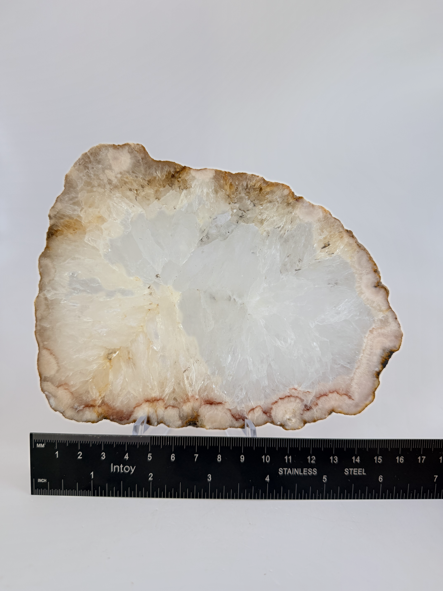 White Quartz Geode Slice with Druzy Rim, 5 Inch Polished Agate Slab on Stand, Radiating Crystal Cent