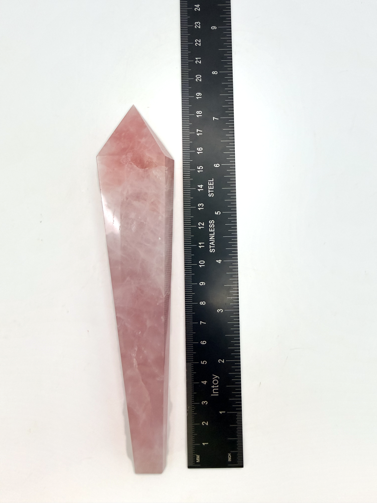 Rose Quartz Wand with Stand — Faceted Pink Quartz Point, 7.5 Inch Polished Crystal Wand