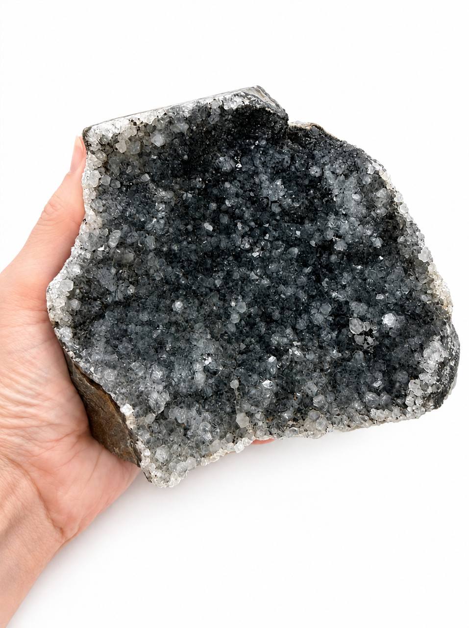 Black amethyst druzy cluster, self standing, charcoal grey crystals with white rim