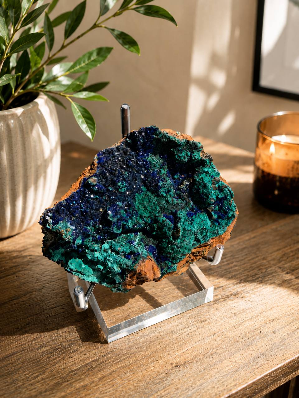 Azurite malachite specimen, royal blue and green copper minerals on custom pin stand